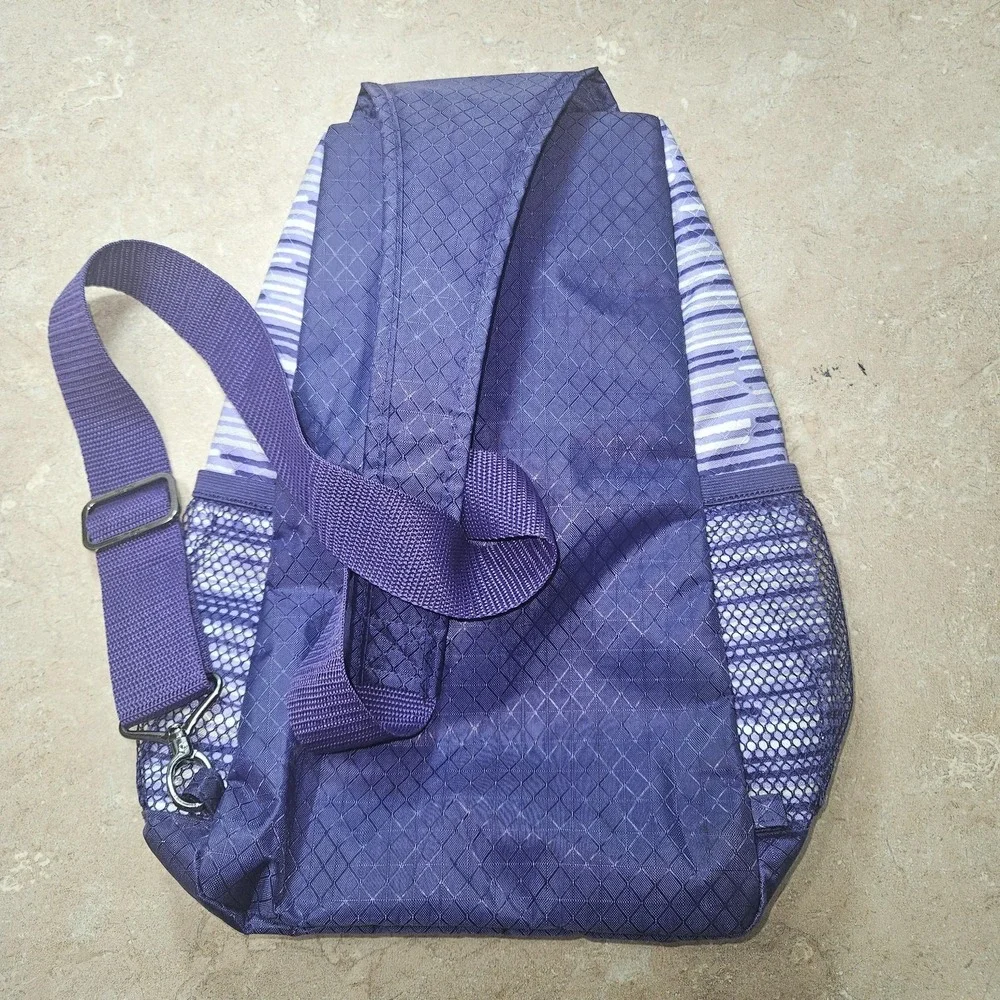 Thirty-One Sling Backpack‎ Bag Purple Stripe Crossbody Zip Pockets Travel